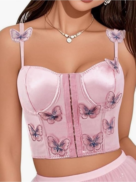 Tops - Pink satin butterfly 🦋 tank top crop embroidered bustier bralette shirt festival